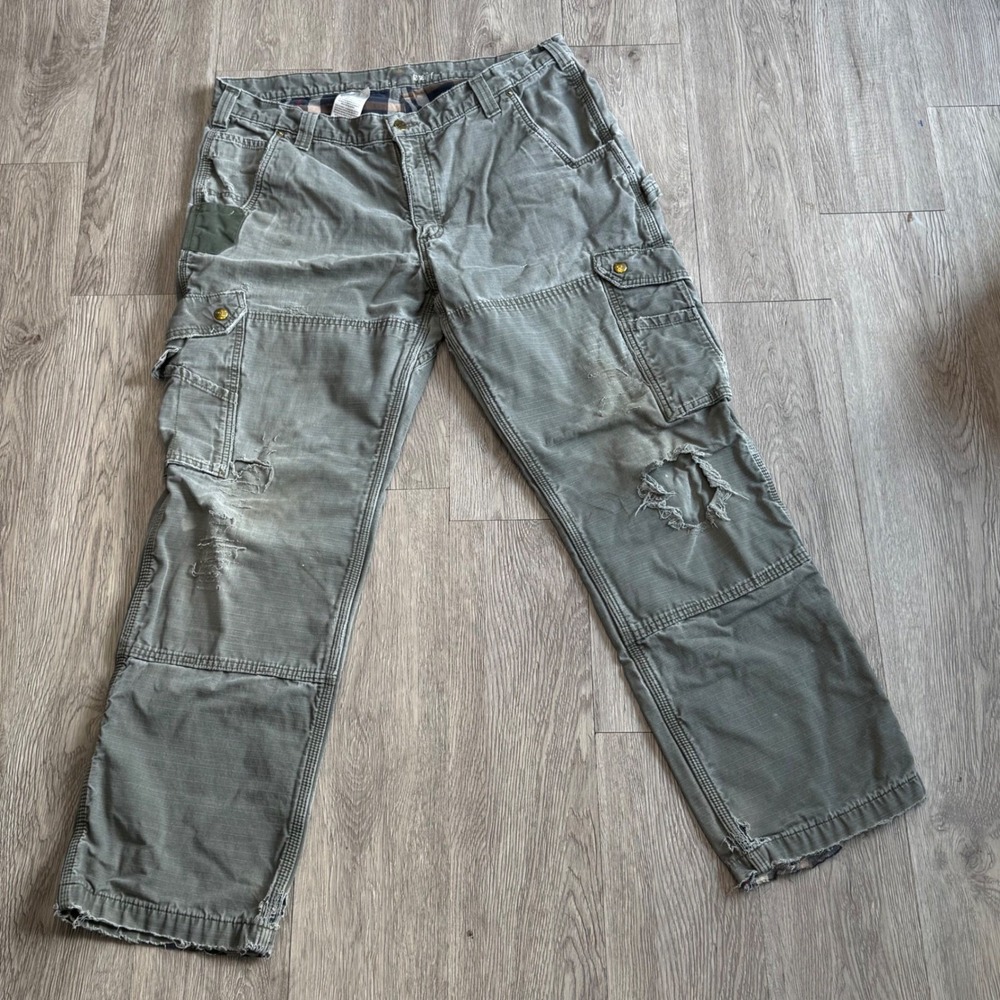 VTG Carhartt Flannel Lined Cargo Pants Green grunge‎ thrashed destroyed